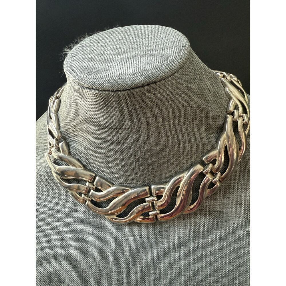 Vintage Silver Tone Collar Necklace Chunky Wide Graduated Links 80s Statement